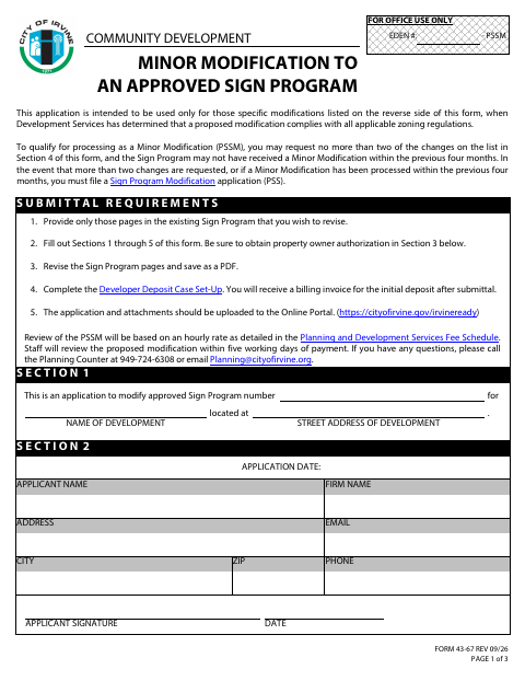 First page of the Minor Modification to an Approved Sign Program