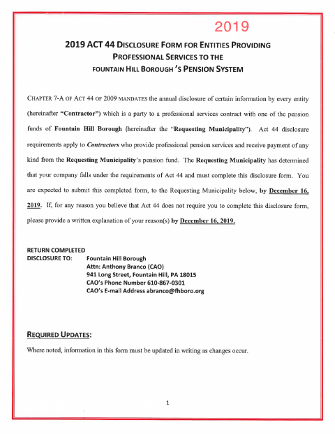 First page of the Act 44 Pension Services Disclosure Form