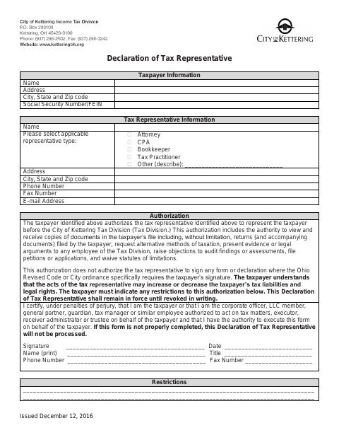 First page of the Declaration of Tax Representative