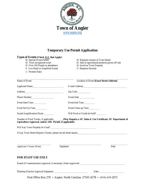 First page of the Temporary Use Permit Application