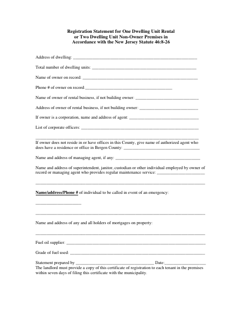 First page of the Registration Statement for One Dwelling Unit Rental or Two Dwelling Unit Non-Owner Premises