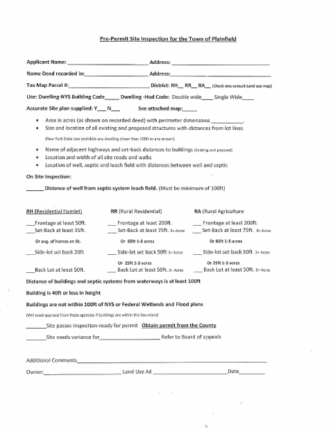 First page of the Pre-Permit Site Inspection Application