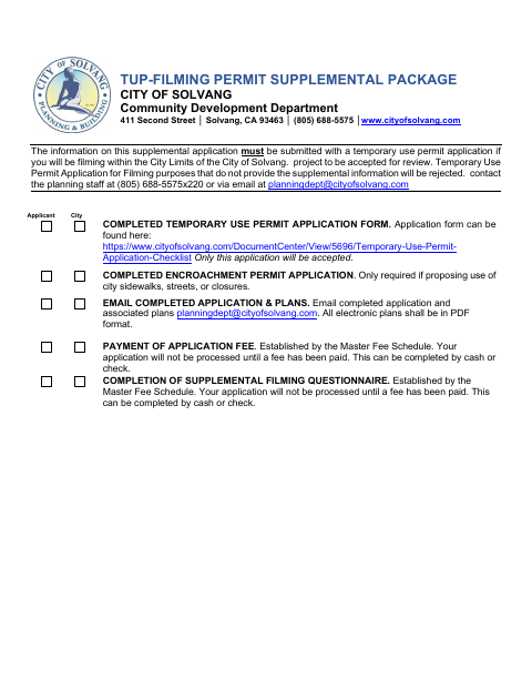 First page of the Filming Supplemental Application