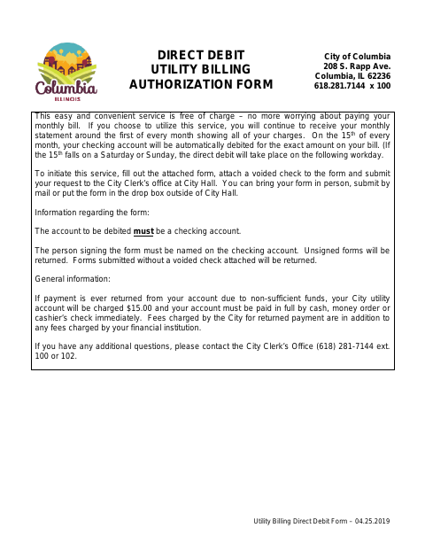 First page of the Authorization for Utility Billing Direct Debit