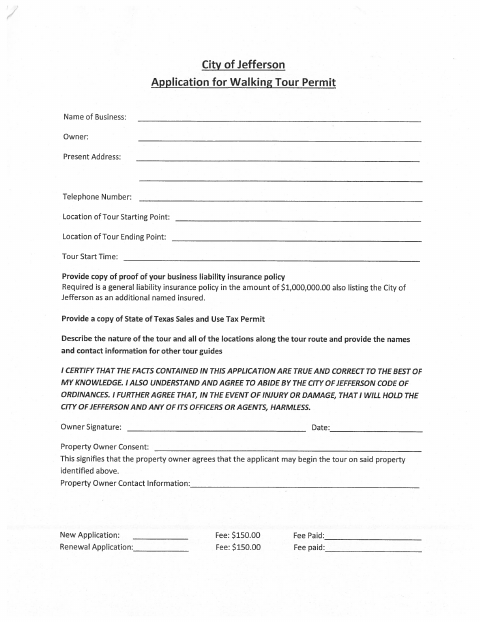 First page of the Application for Walking Tour Permit