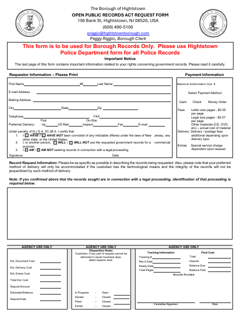 First page of the Open Public Records Act Request Form