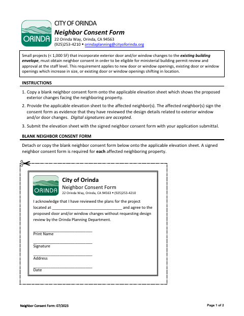 First page of the Neighbor Consent Form