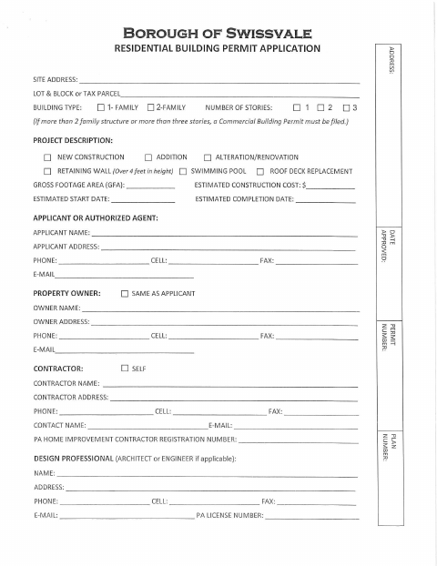 First page of the Residential Building Permit Application