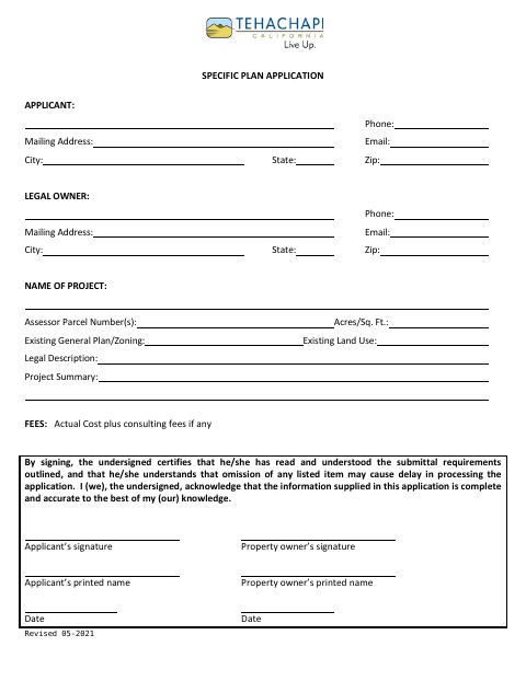 First page of the Specific Plan Application