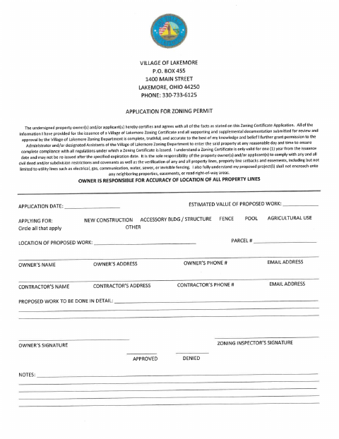 First page of the Application for Zoning Permit