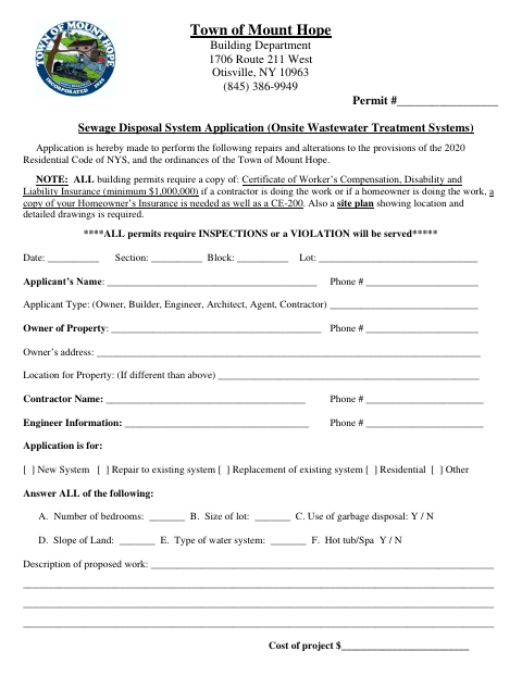 First page of the Sewage Disposal System Application
