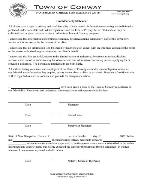 First page of the Confidentiality Statement