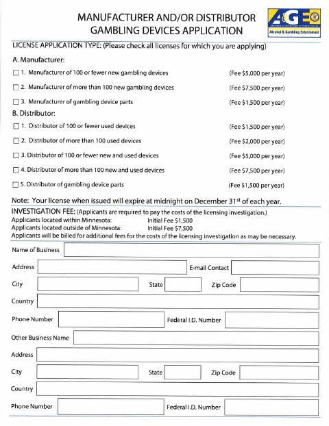 First page of the Manufacturer and Distributor Gambling Devices License Application