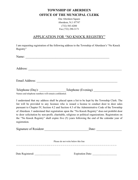 First page of the Application for No Knock Registry