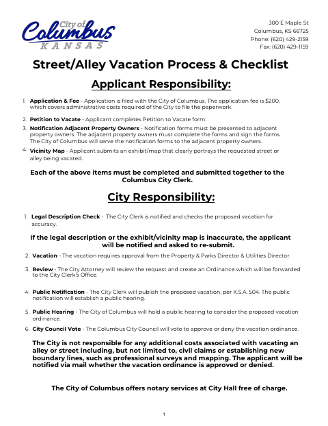 First page of the Street/Alley Vacation Application