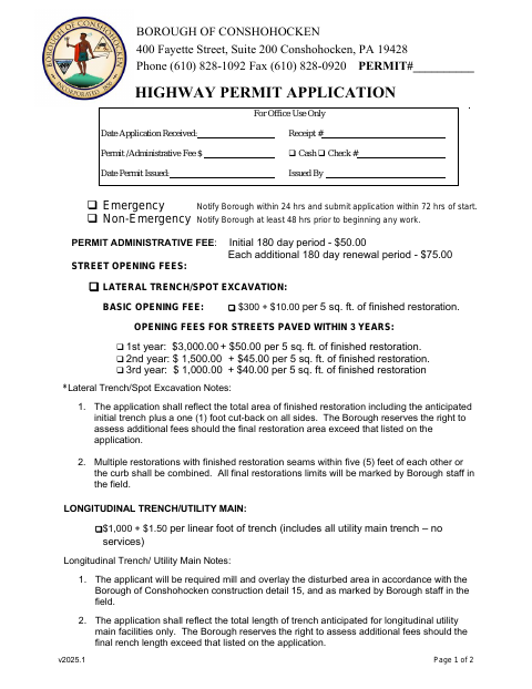 First page of the Highway Permit Application