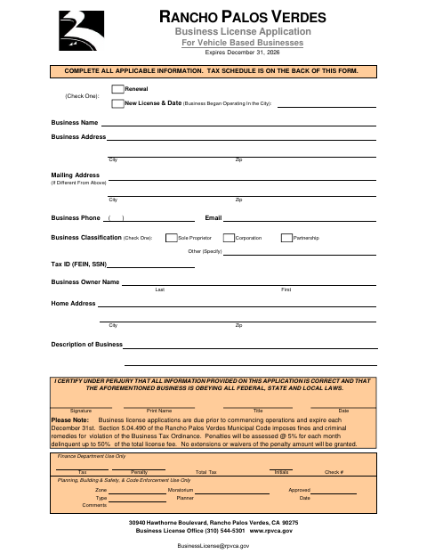 First page of the Business License Application for Vehicle Based Businesses
