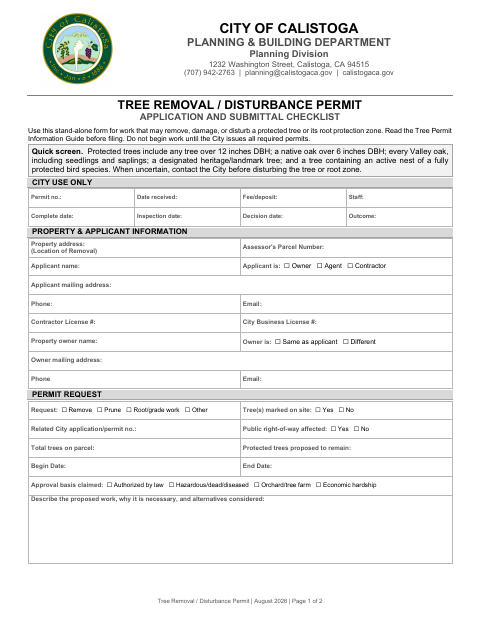 First page of the Tree Removal / Disturbance Permit Application and Submittal Checklist