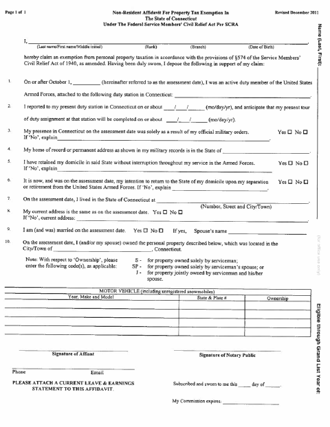 First page of the Nonresident Motor Vehicle Exemption Affidavit