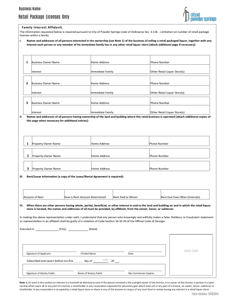 First page of the Retail Package License Family Interest Affidavit