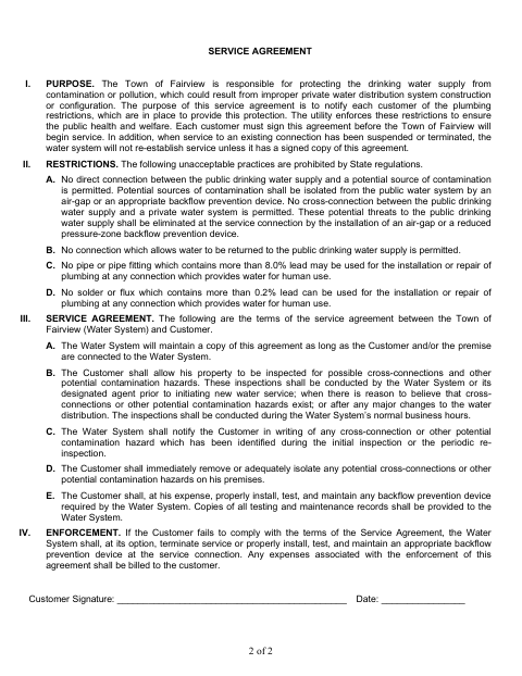 First page of the Water Service Agreement