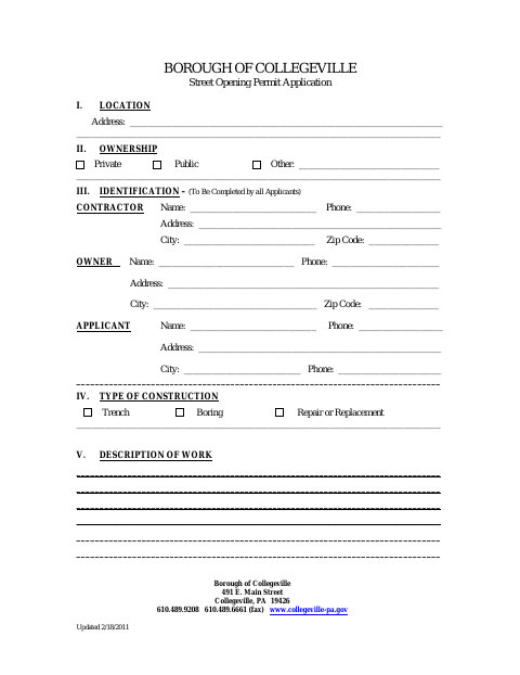 First page of the Street Opening Permit Application