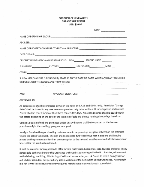 First page of the Garage Sale Permit Application