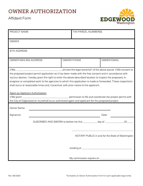 First page of the Owner Authorization Affidavit