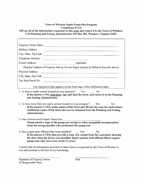 First page of the Septic Pump-Out Program Compliance Form