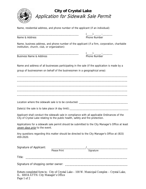 First page of the Sidewalk Sale Application
