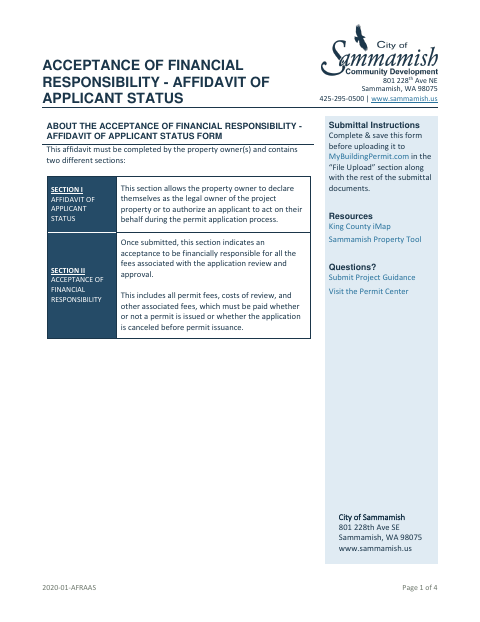 First page of the Acceptance of Financial Responsibility – Affidavit of Applicant Status