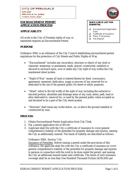 First page of the Encroachment Permit Application