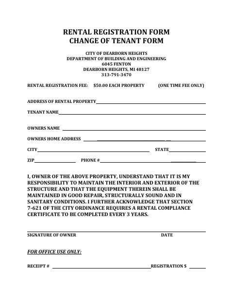 First page of the Rental Registration Form – Change of Tenant
