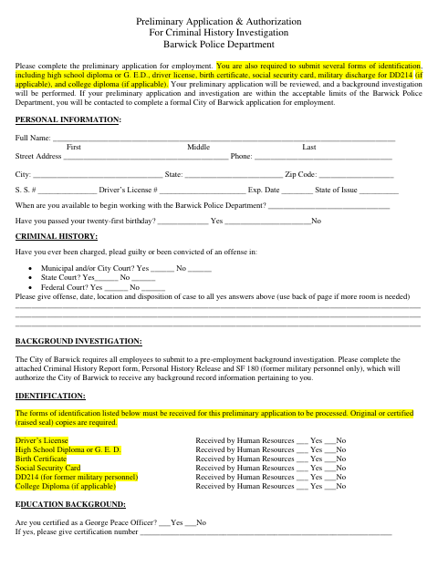First page of the Preliminary Application and Authorization for Criminal History Investigation
