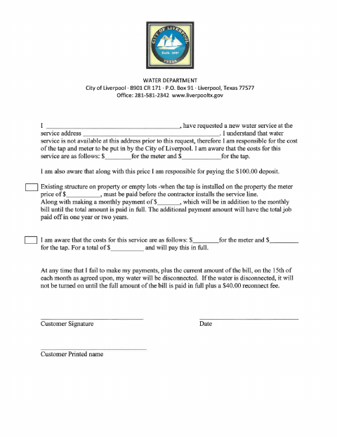 First page of the New Water Tap Payment Form