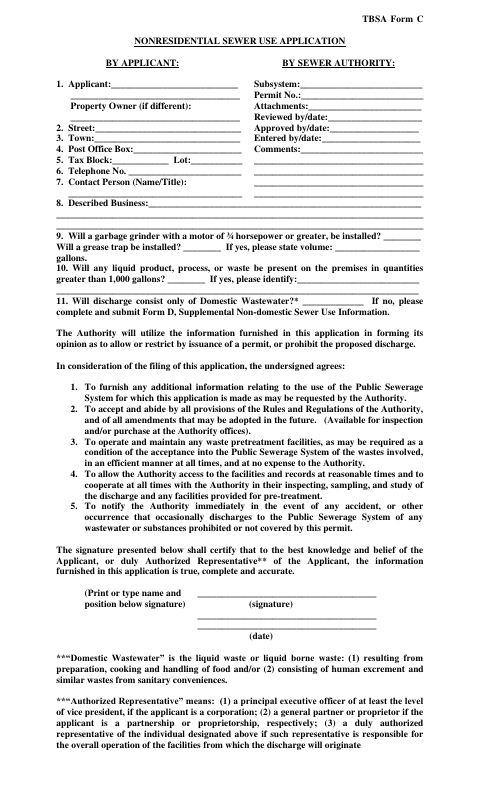 First page of the Nonresidential Sewer Use Application