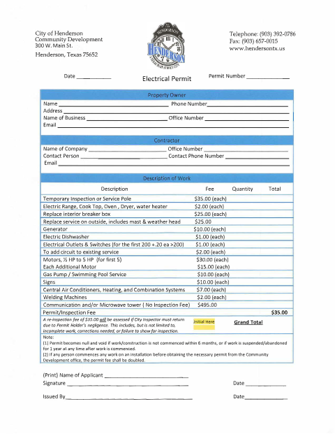 First page of the Electrical Permit Application