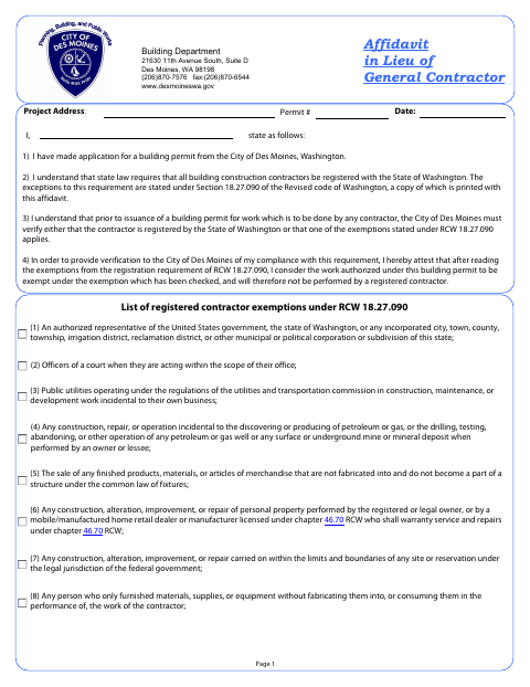 First page of the Affidavit in Lieu of General Contractor