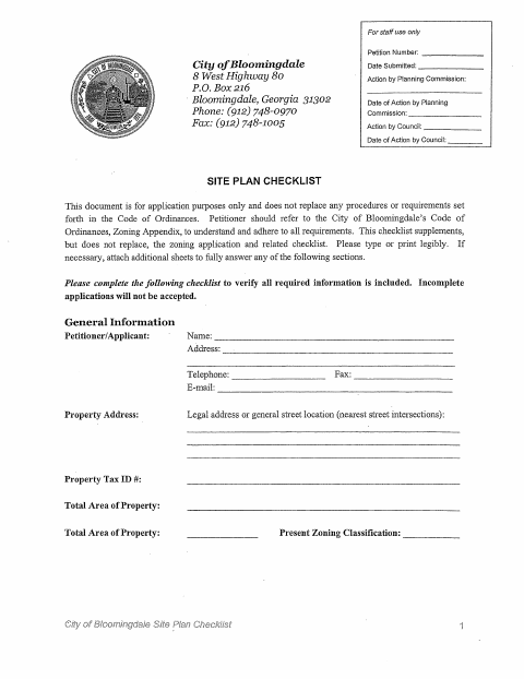First page of the Site Plan Checklist Owner Affidavit