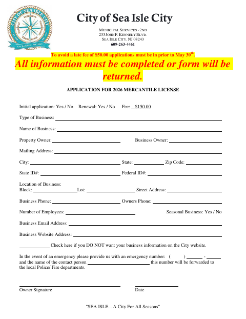 First page of the 2026 Mercantile License Application