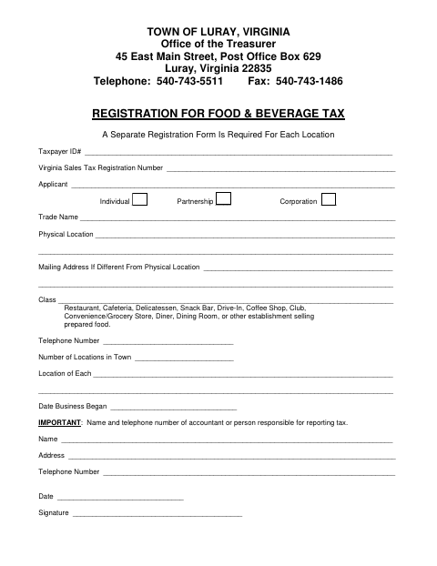 First page of the Registration for Food & Beverage Tax