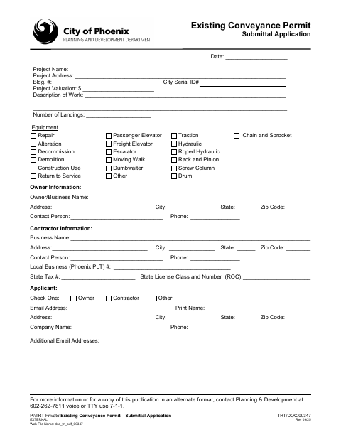 First page of the Existing Conveyance Permit Submittal Application