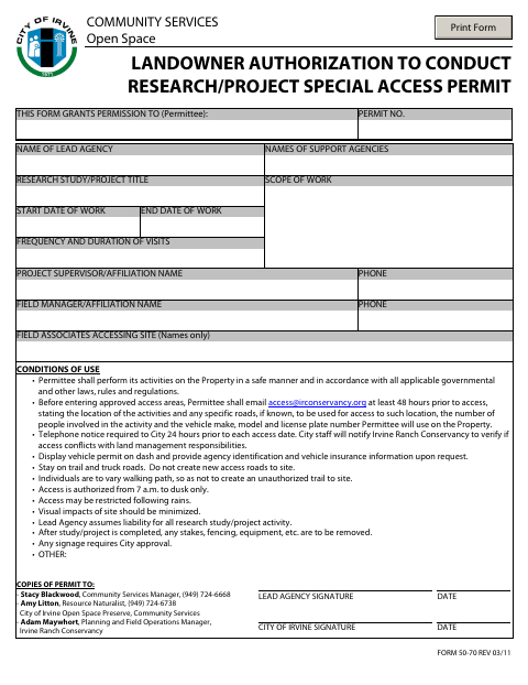 First page of the Landowner Authorization to Conduct Research/Project Special Access Permit