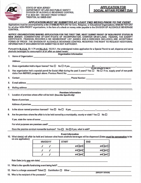 First page of the Alcoholic Beverages / Social Affair Permit