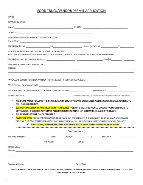 First page of the Food Truck/Vendor Permit Application