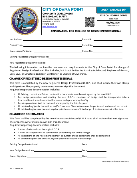 First page of the Application for Change of Design Professional