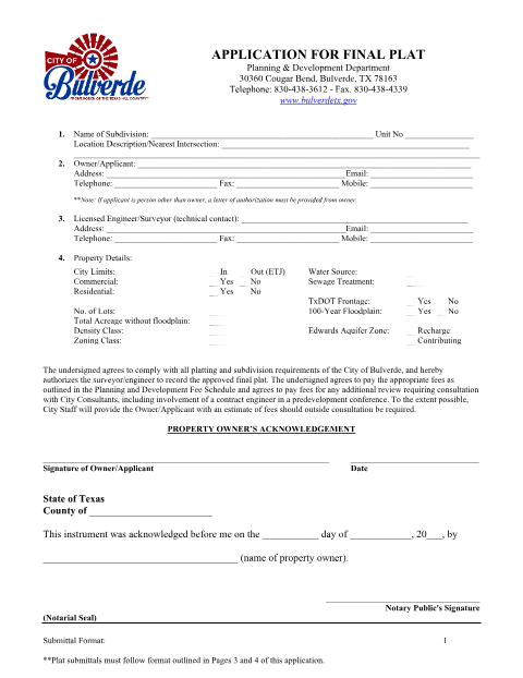 First page of the Final Plat Application