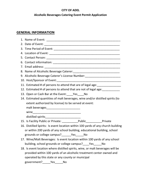 First page of the Alcoholic Beverages Catering Event Permit Application