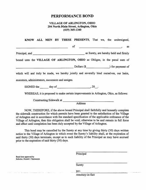 First page of the Performance Bond Form