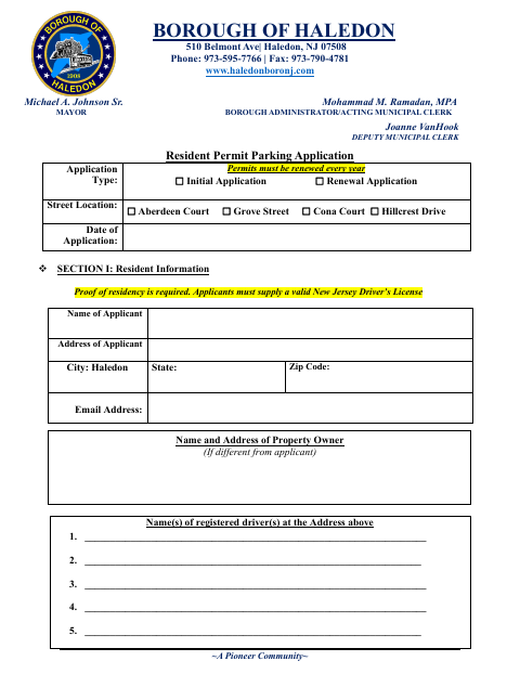 First page of the Resident Permit Parking Application